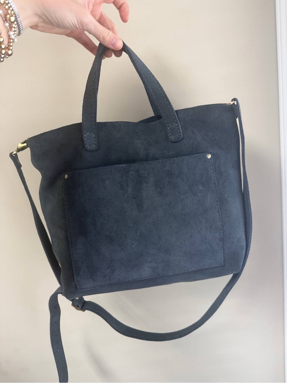 Portland Leather Goods Suede dark Navy/ gray Tote Bag with Removable Strap